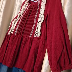 Entro Burgundy Blouse with Lace Detail